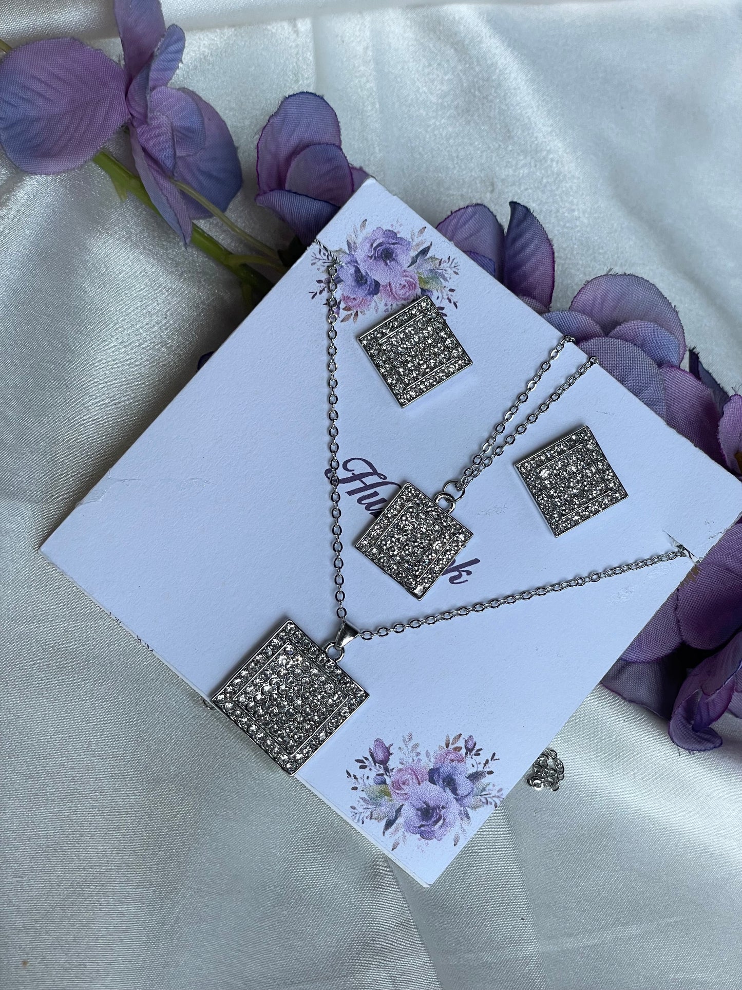 Sparkling Square Pendant and Stud Earrings Set