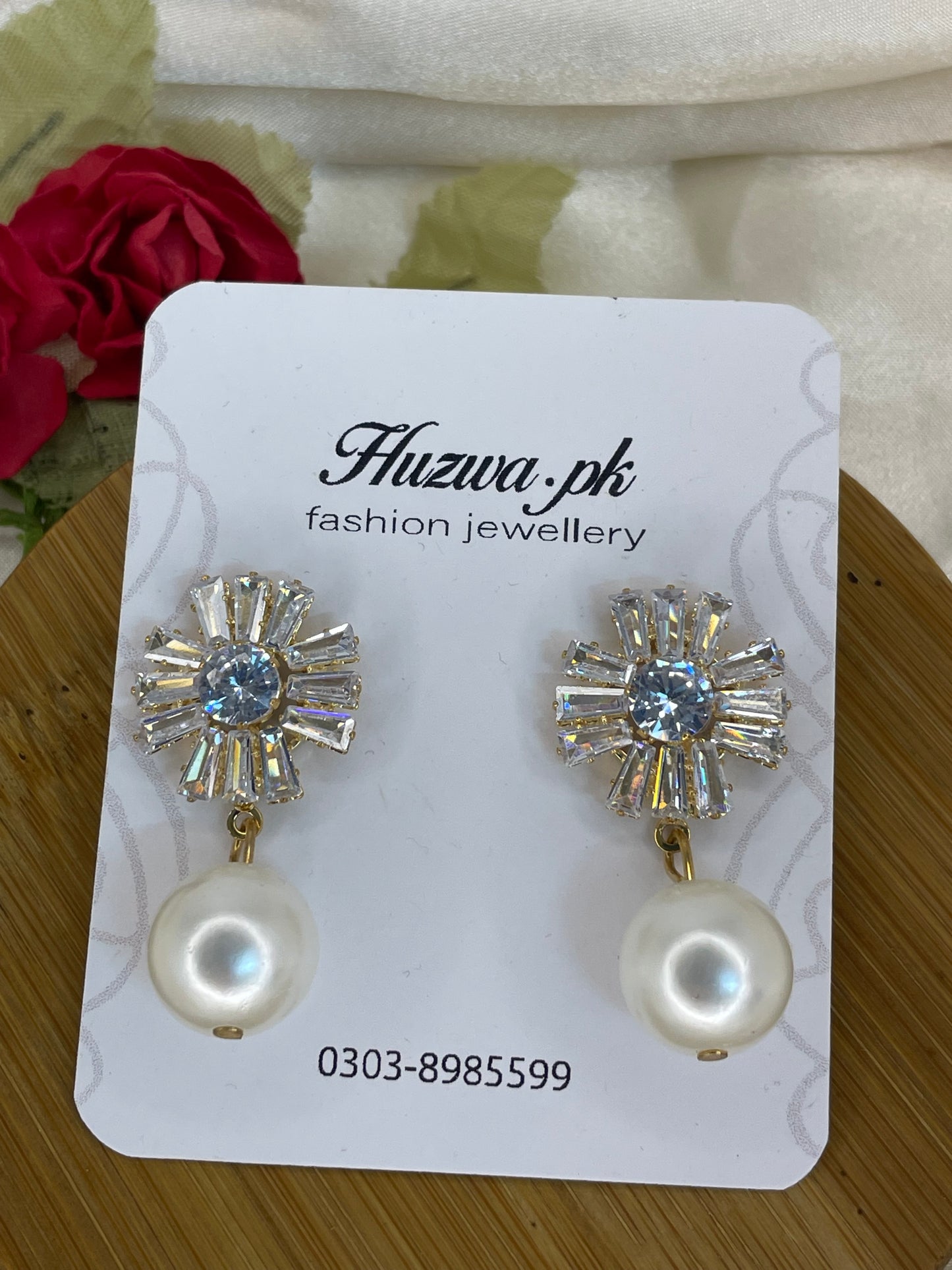 Crystals Flower Drop Earrings with White pearl