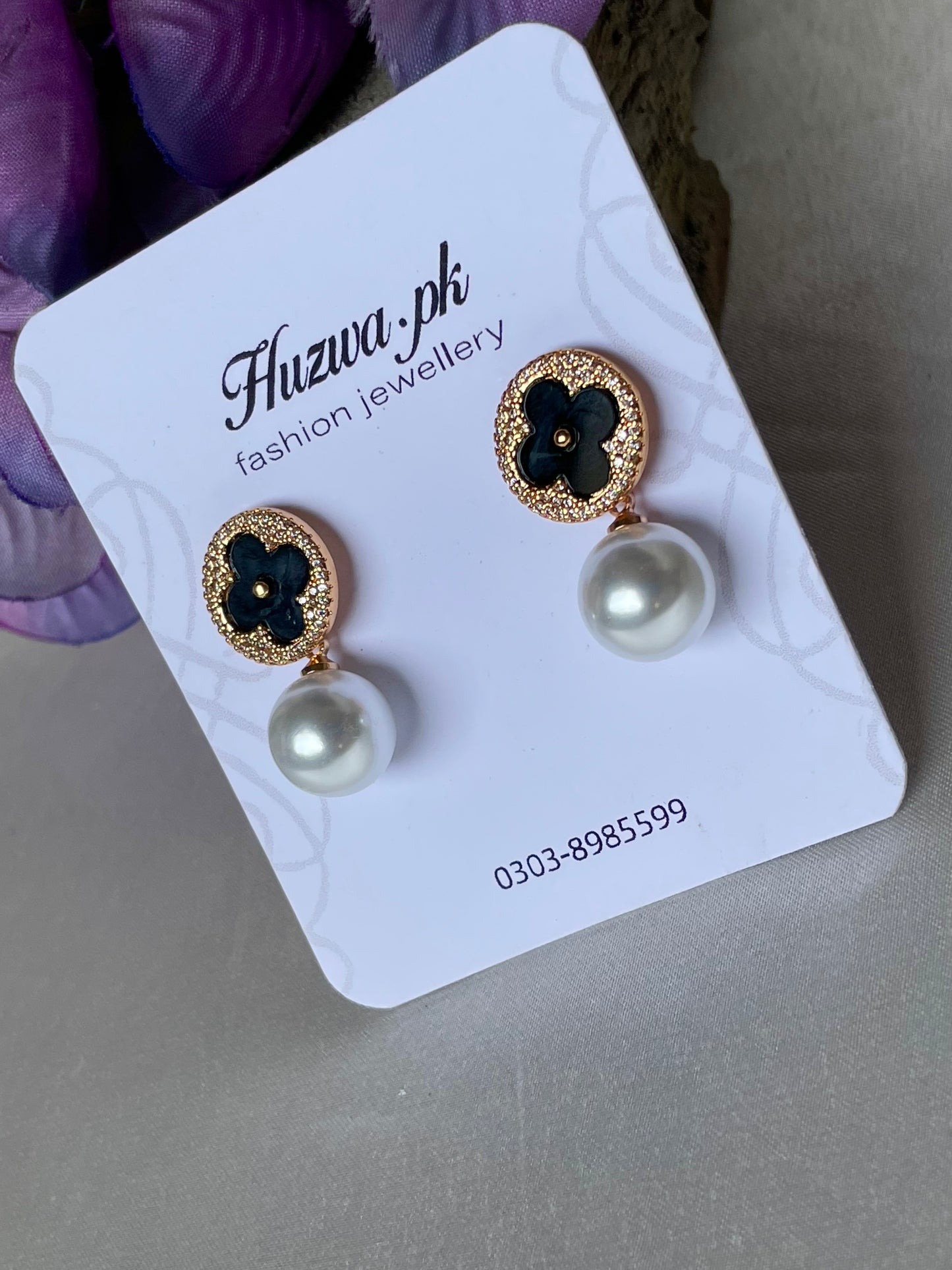 Black Floral Pearl Drop Earrings
