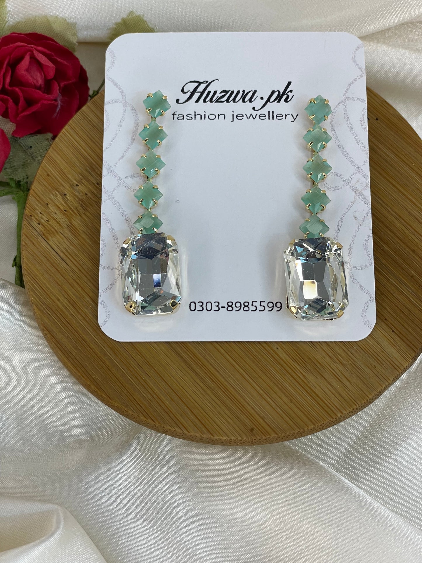 Mint Crystal Long Earrings