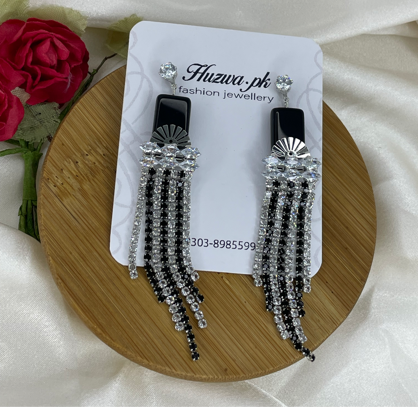 Elegant Black Stone Drop Earrings with Long Strings - 2 Colors Available