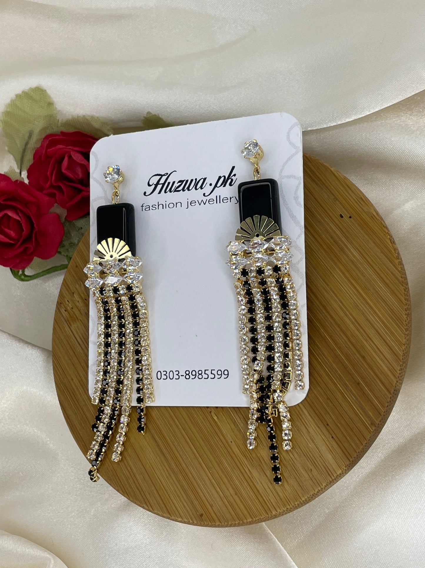 Elegant Black Stone Drop Earrings with Long Strings - 2 Colors Available