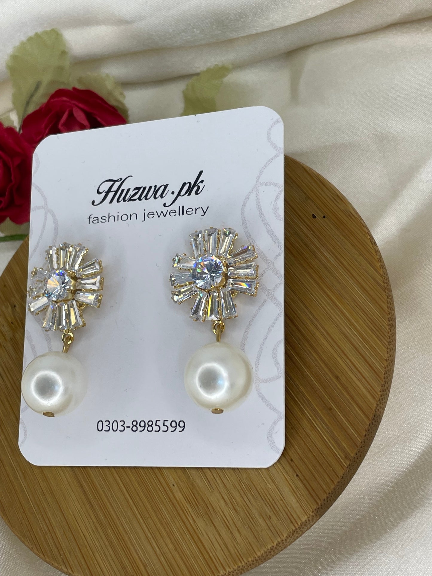 Crystals Flower Drop Earrings with White pearl