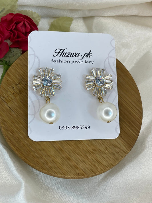 Crystals Flower Drop Earrings with White pearl