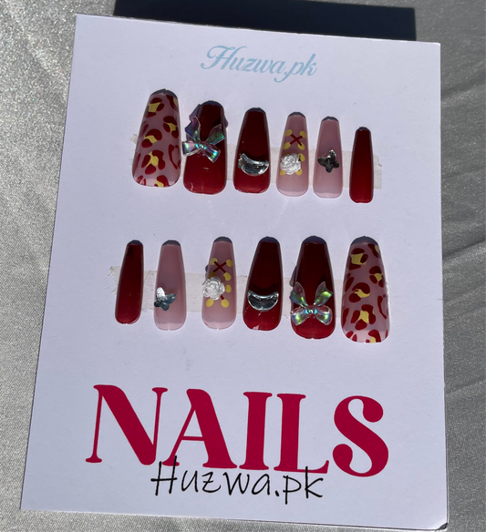 Press-On Long Nails – Maroon & Pink Artwork with Charms 12-Piece