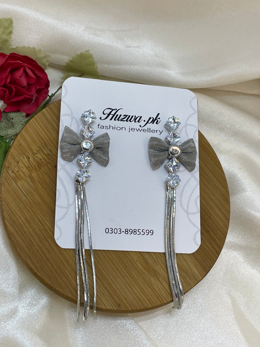 Silver Bow Long Earrings