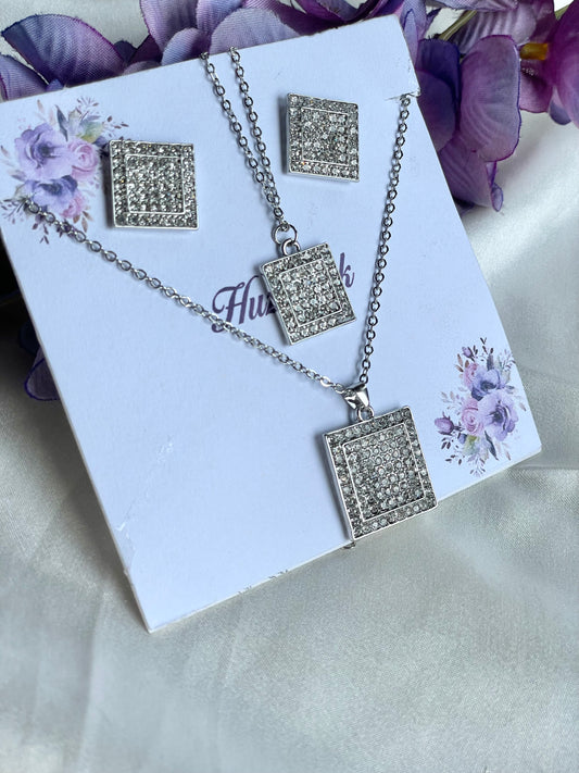 Sparkling Square Pendant and Stud Earrings Set