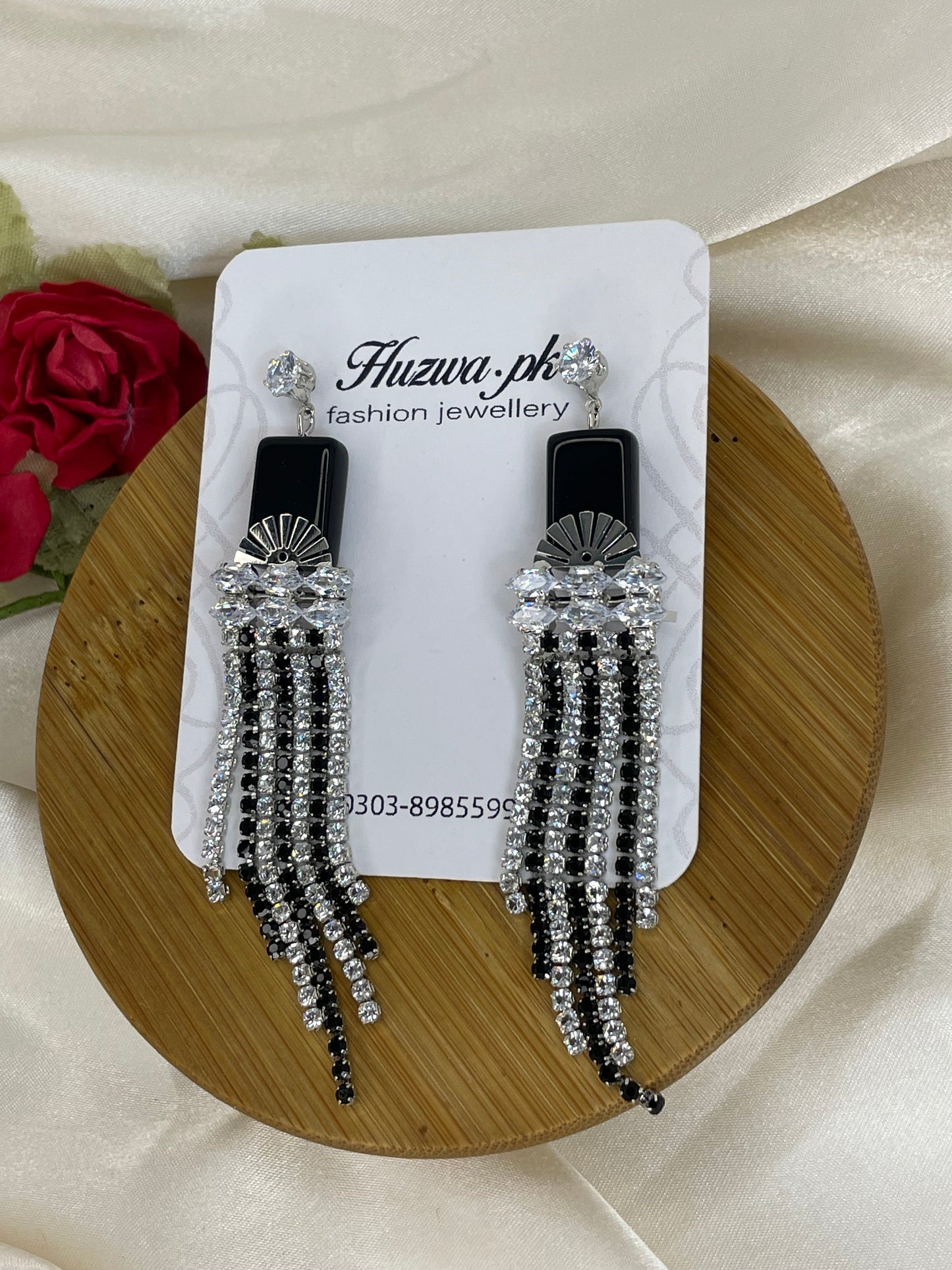 Elegant Black Stone Drop Earrings with Long Strings - 2 Colors Available