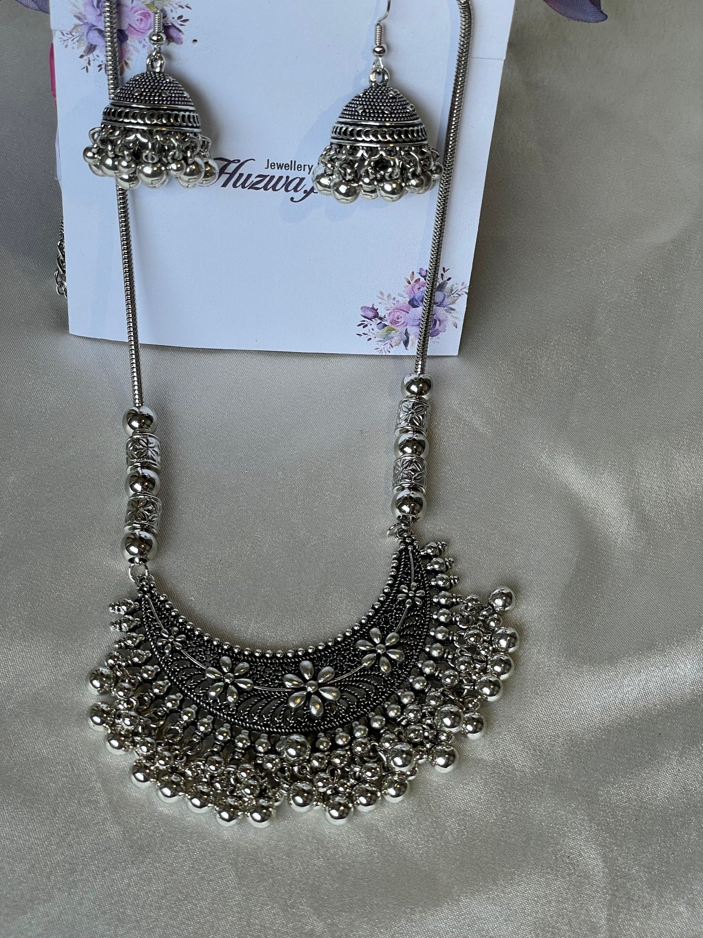 Exquisite Oxidized Silver Necklace & Jhumka Set