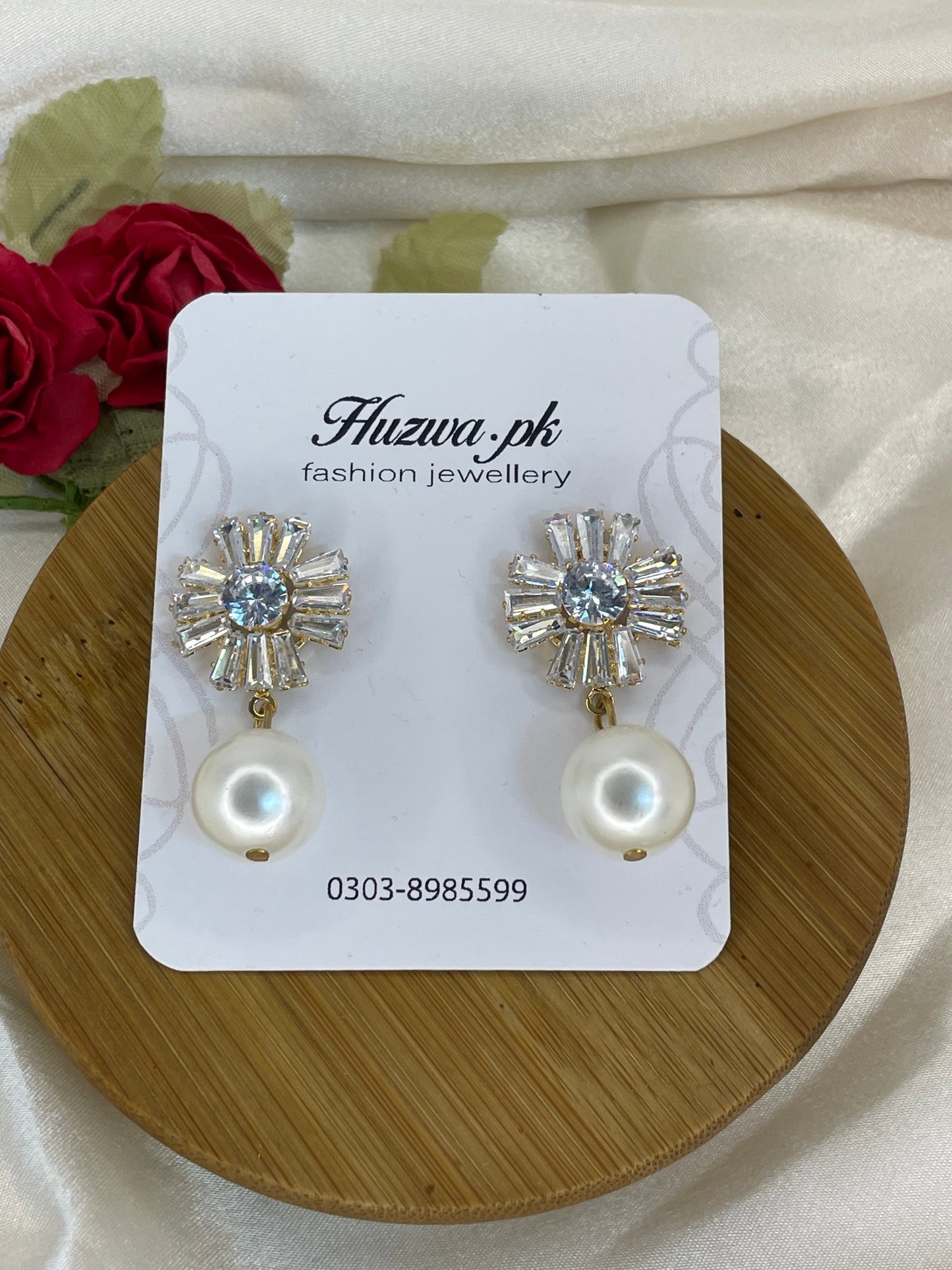 Crystals Flower Drop Earrings with White pearl