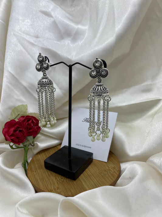 Kundan tassels chain pearl Jhumka earrings