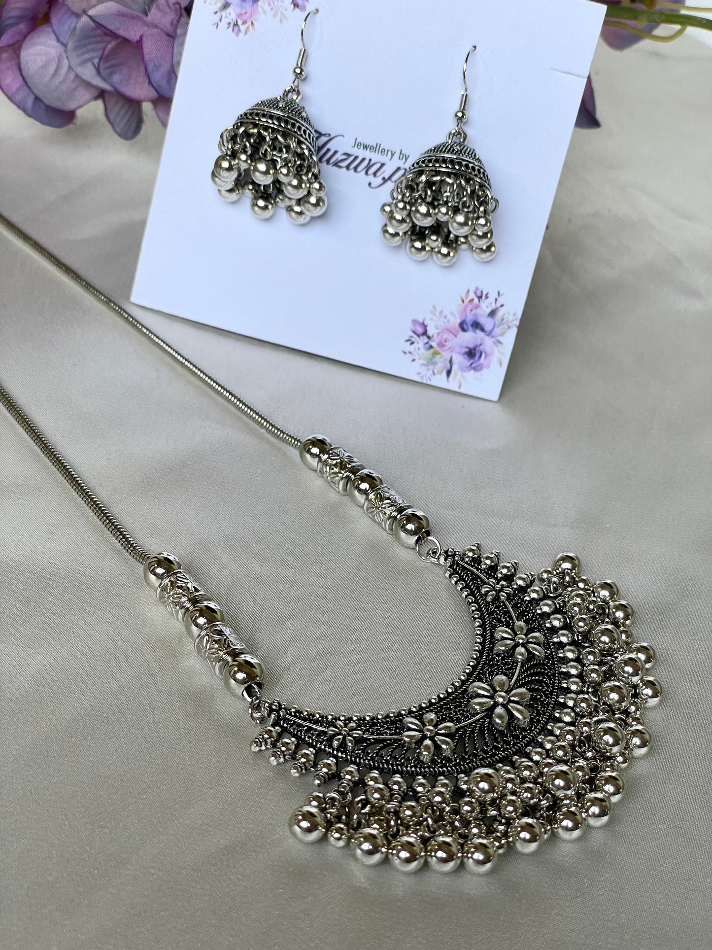 Exquisite Oxidized Silver Necklace & Jhumka Set
