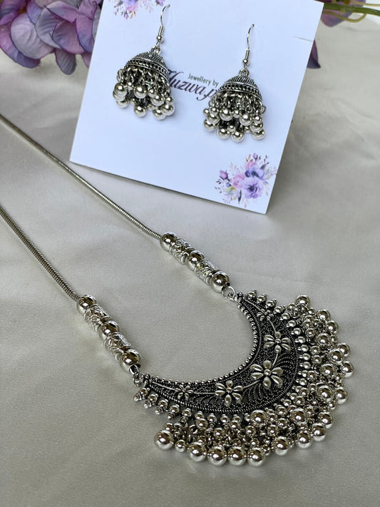 Exquisite Oxidized Silver Necklace & Jhumka Set
