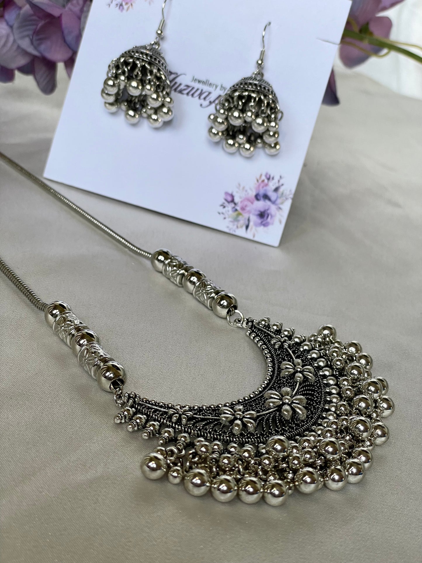 Exquisite Oxidized Silver Necklace & Jhumka Set