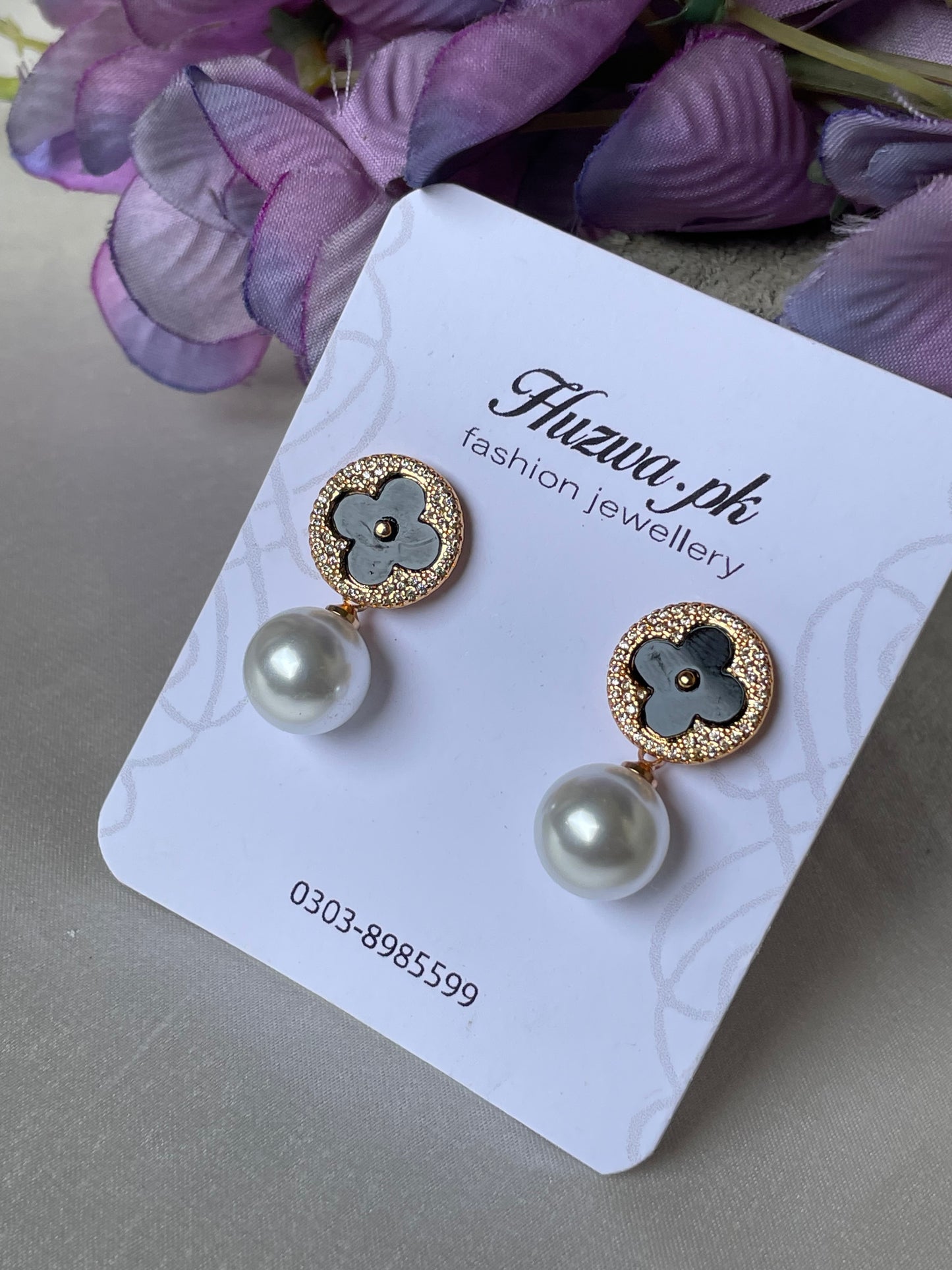Black Floral Pearl Drop Earrings