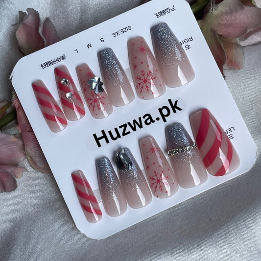 Festive Glitter & Candy Stripe Nail Setb - 12 pieces